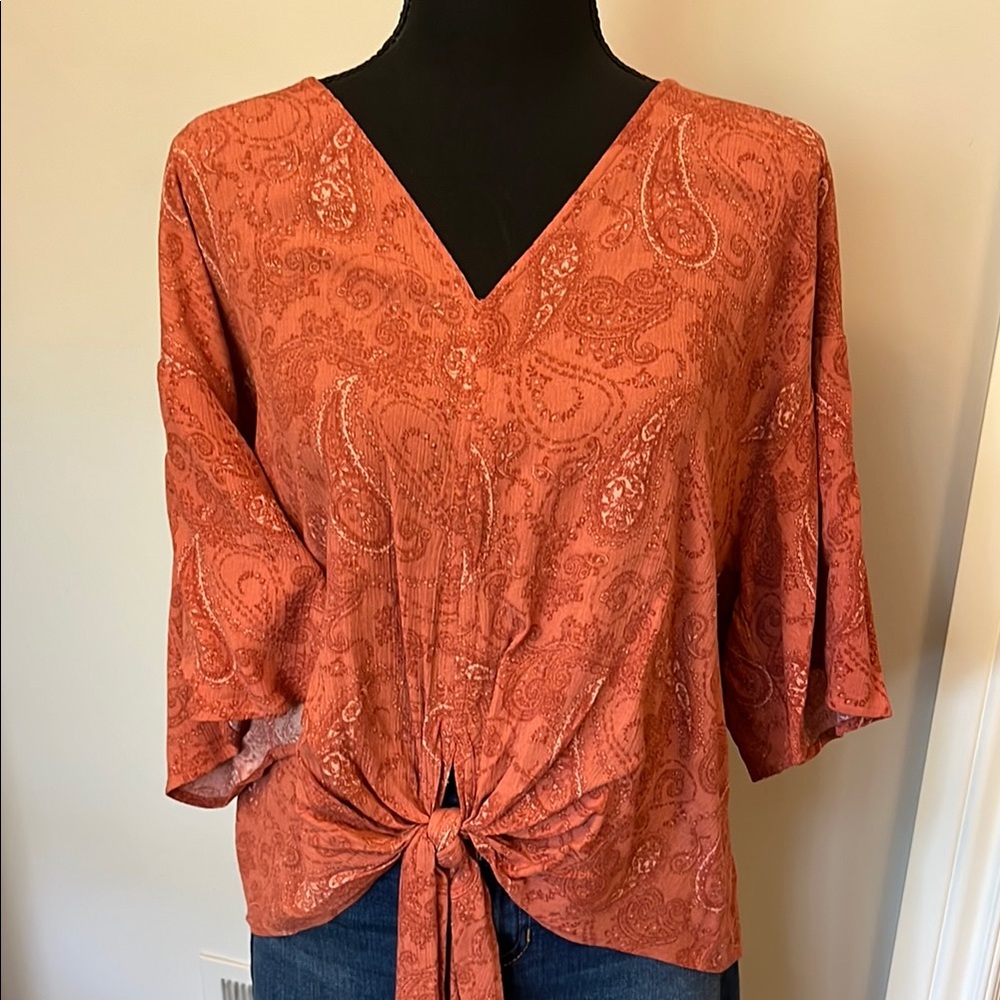 Elegant Paisley Tie-Front Blouse - Terracotta
